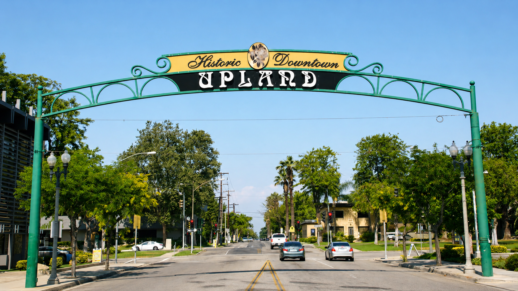 Historic Downtown Upland arch sign on a sunny day